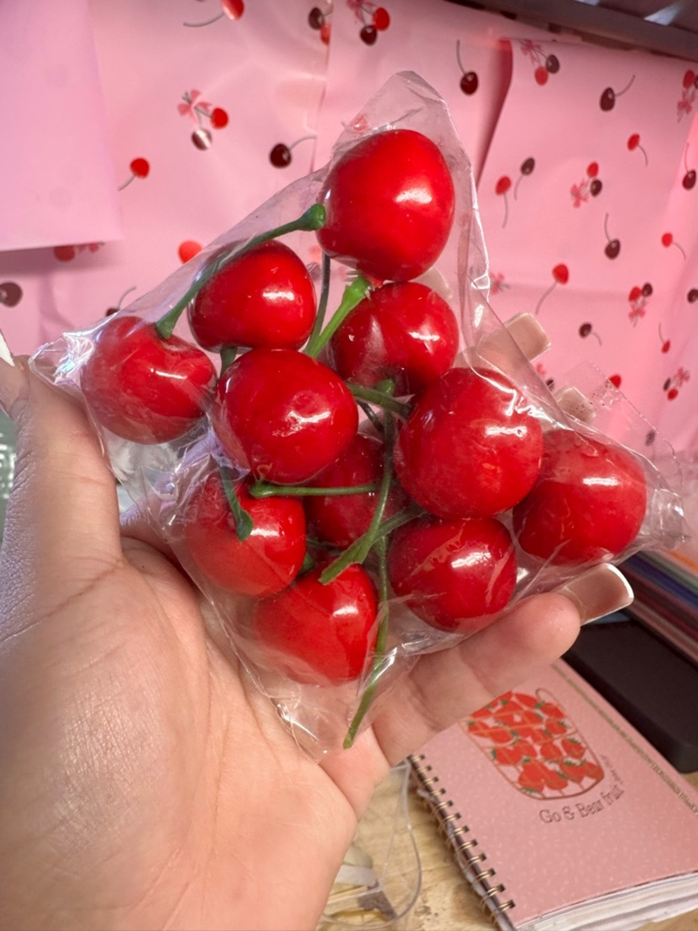 Bright Red Decorative Cherry Stem Cluster - Set of Faux Cherries